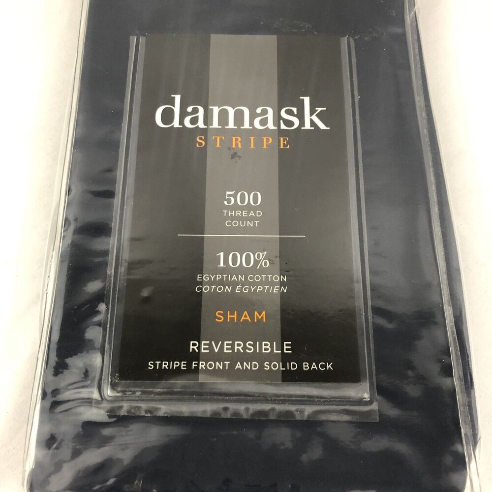 Damask Stripe Reversible Euro Sham Navy 500 Thread Count Egyptian Cotton - Picture 4 of 9